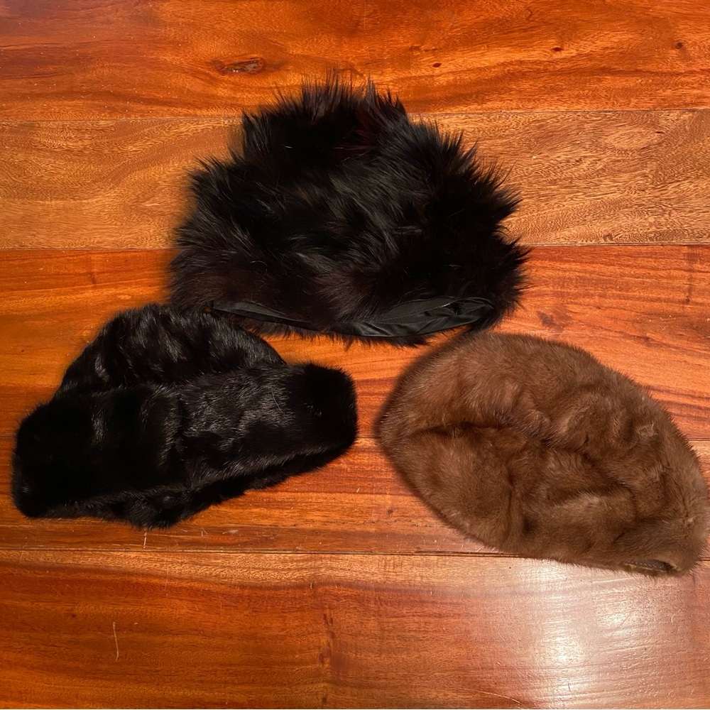Beautiful Fur Hats~Black~Brown~See Measurements~Unknown Maker~Vintage~Y2K